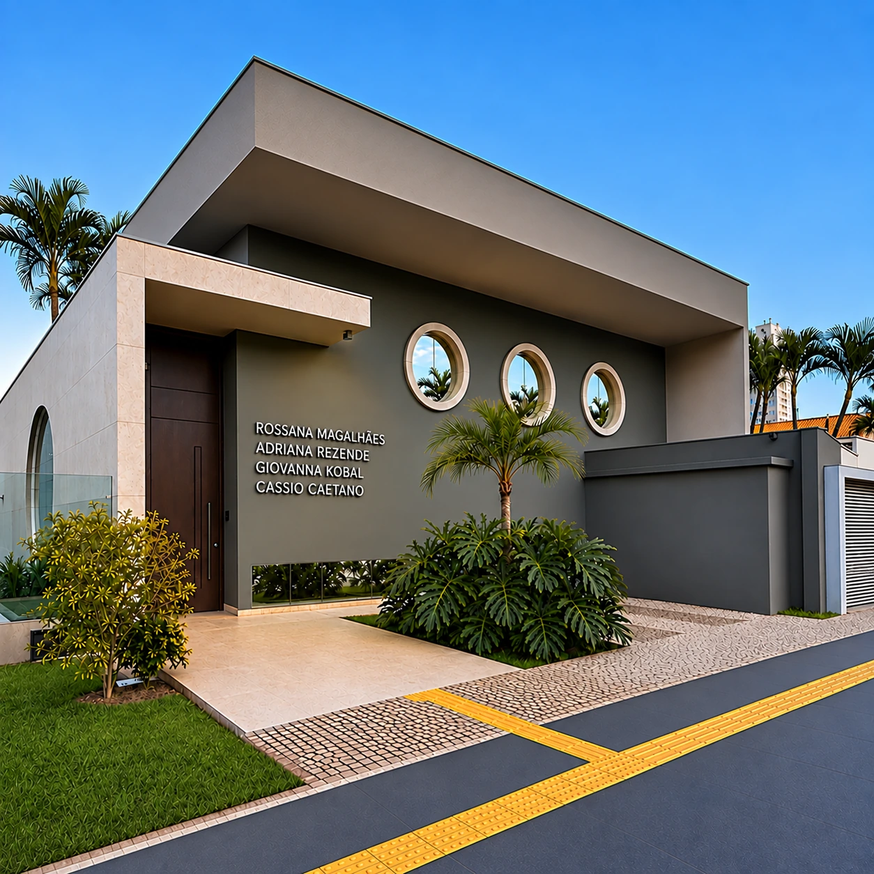 Fachada da Clínica Pelle, com entrada e jardim